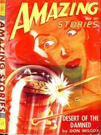 A woman's face is superimposed in the background, looking on apprehensively as, in the foreground, a glassy, domed-cylinder structure is hit by meteors or projectiles; the whole image is composed of orange and yellow tones.
Amazing Stories magazine cover from 1947.