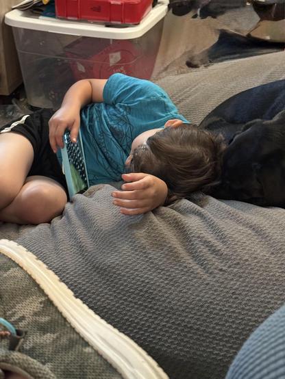 A child in a blue shirt lies on a gray cushioned surface, holding a digital tablet. Their arm rests across their forehead, with a black dog lying beside them. In the background, storage containers are visible, including a clear bin with a red lid and a cardboard box.