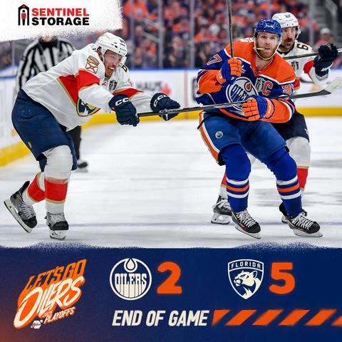 Oilers end of game graphic with an action shot from the game featuring Connor McDavid
