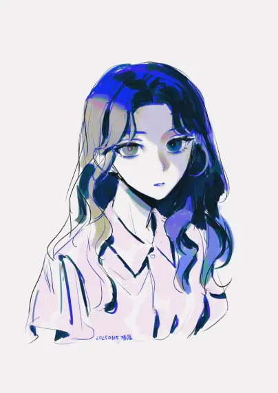 真ん中分け前髪ロングヘアの人のデジタルイラスト。青系の簡単な着彩