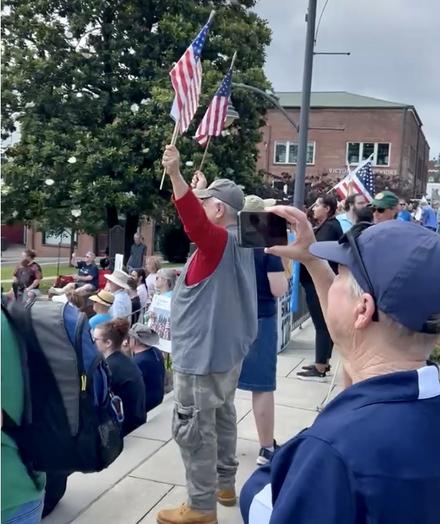Another angle of the crowd protesting for No Kings Day, June 24, 2025, in front of the Marshall County Courthouse in Guntersville, Alabama