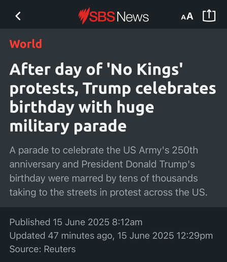 An SBS headline describing the US military parade as being “marred by protests”.