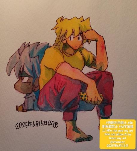 遊戯王のファンアート。城之内とチビ闇マリクが背中合わせに座っている