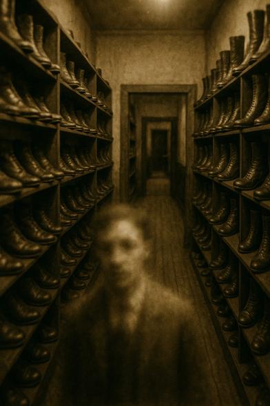 Generate image: A vintage, blurred photograph of a narrow shoe store interior. The walls are lined with shelves filled with various styles of shoes, including boots and dress shoes. A doorway at the end of the aisle leads to another room, while a ghostly figure of a person is partially visible in the foreground, suggesting movement and adding a sense of life to the scene. Something is not quite right.