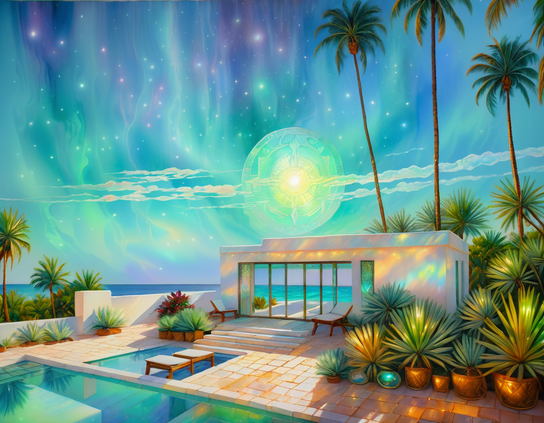 A modern tropical pool house , surrounded by palm trees and lush plants, washed in the vibrant, otherworldly lights of a surreal aurora-lit sky, with a radiant celestial sun over the ocean horizon.
