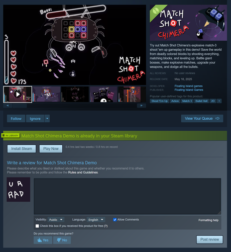 a screenshot of the Steam page for Match Shot Chimera after the game has been played, resulting in a review form being added below the page header.