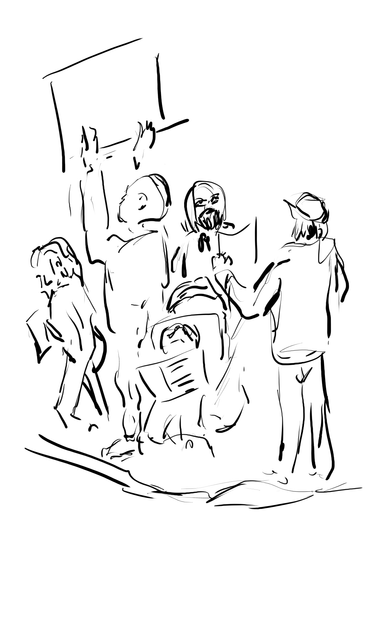 a pen and ink sketch of a group of people, including a small child in a stroller, holding signs on a street corner