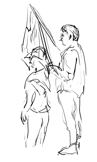 pen and ink sketch of a couple.  the man is holding an American flag
