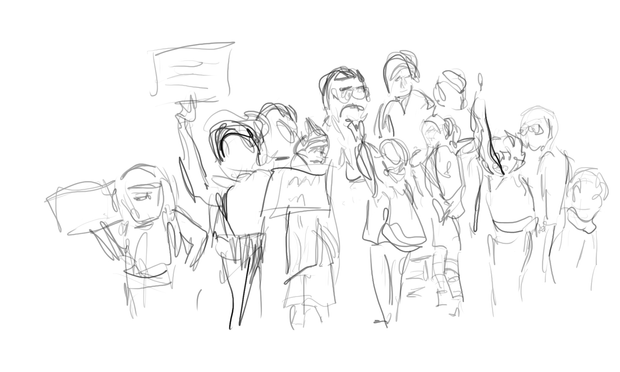 pen and ink sketch of a mass of people holding signs