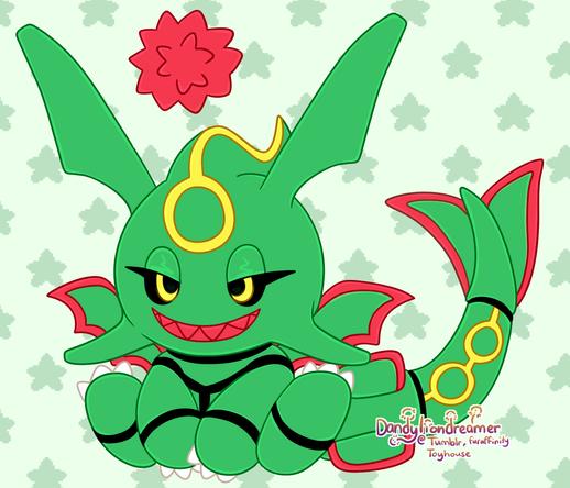 the pokemon rayquaza fused together with a sonic chao :3

they are a devil chao with a red spiky orb above its head, its body is mostly colored green, with yellow and red accents along its body, it has a large snake tail and white claws on its hands and feets, it has a bright red teethy smile and yellow eyes, it is in a sitting position