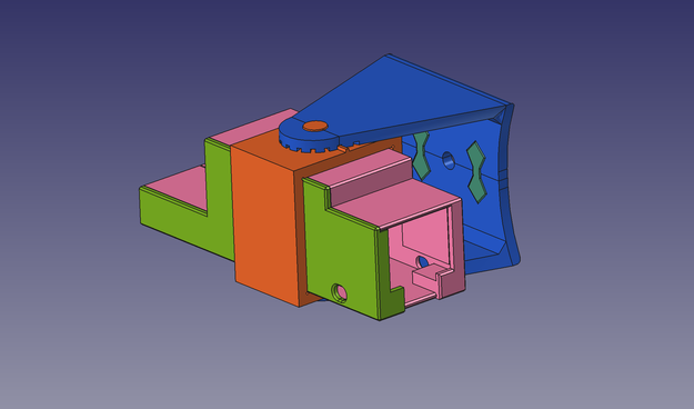 FreeCAD screenshot of the assembly of the wall-mount with the enclosure in the clamp