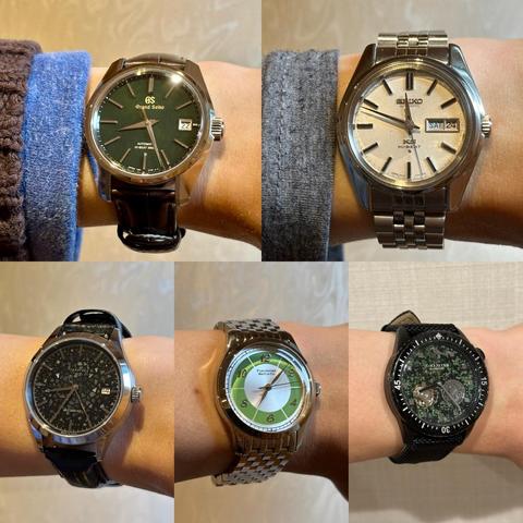Mosaic of wrist shots of a Grand Seiko SBGH339, King Seiko 5626-7000, Knot AT-38SVJRBK-R, Fukushima Watch Co Futaba New Leaves Green and S-Meister KY-DVBK Kimetsu no Yaiba Tanjiro Kamado.