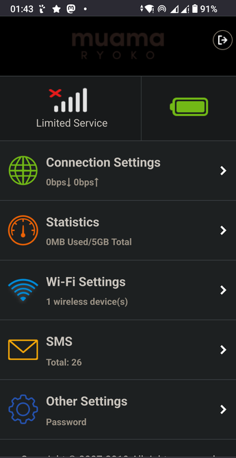 The screencap shows a mobile device screen with a dark background and various icons and text. At the top, there is a status bar displaying the time "01:43," battery level "91%," and signal strength. Below the status bar, the header reads "muama RYOKO." The screen is divided into sections with icons and text. The first section shows a red "X" over a signal icon labeled "Limited Service," and a green battery icon labeled "91%." The second section has a globe icon labeled "Connection Settings" with "0 bps↓ 0 bps↑" below it. The third section features 9a speedometer icon labeled "Statistics" with "0MB Used/5GB Total" below it. The fourth section has a Wi-Fi icon labeled "Wi-Fi Settings" with "1 wireless device(s)" below it. The fifth section shows an envelope icon labeled "SMS" with "Total: 26" below it. The last section has a gear icon labeled "Other Settings" with "Password" below it. Each section has a right-pointing arrow indicating further options.

 Ovis2-8B

🌱 Energy used: 0.265 Wh