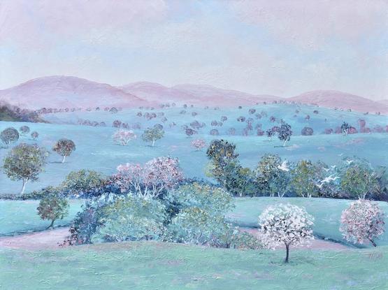 An Australian spring country landscape painting featuring white blossom trees, flying cockatoos, a lake and soft pink rolling hills.