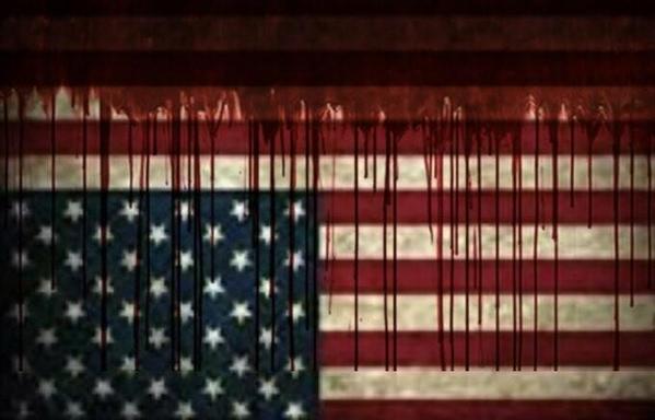 Upside-down American flag dripping blood.
Donald J Puppyfucker is directly responsible for yesterday's political assassinations.