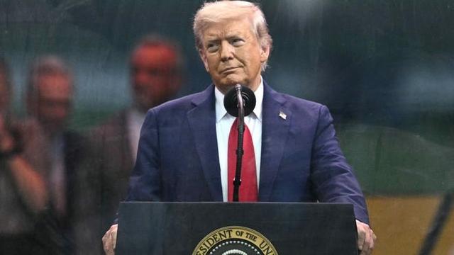 In this photo, President Donald Trump is standing at the presidential podium, giving a speech that addresses the United States Army and it’s 250th anniversary.