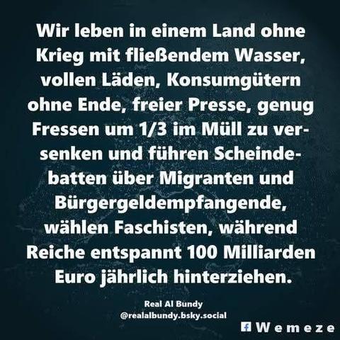 Smaragdgrüner Hintergrund mit Zitat:"Wir leben in einem Land ohne Krieg mit fließendem Wasser, vollen Läden, Konsumgütern ohne Ende, freier Presse, genug Fressen um 1/3 im Müll zu ver- senken und führen Scheinde- batten über Migranten und Bürgergeldempfangende,
wählen Faschisten, während Reiche entspannt 100 Milliarden Euro jährlich hinterziehen.#
Real Al Bundy @realalbundy.bsky.social
Ein Bild von Wemeze