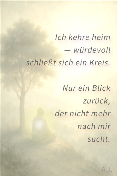 Ich kehre heim
würdevoll
schließt sich ein Kreis.

Nur ein Blick
zurück,
der nicht mehr
nach mir sucht.

A.J.

Gedicht vor einem mystischen Bild, eine Person sitzt mit dem Rücken zum Betrachter an einem Abhang neben einem Baum und schaut ins Tal. Sanftes Leuchten.