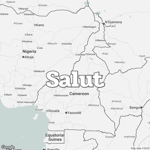 Map of Cameroon overlaid with a translation of the word "hello": Salut.