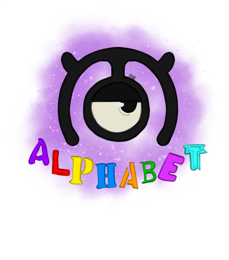 an m shaped unown with the name alphabet under it each letter a different color and font