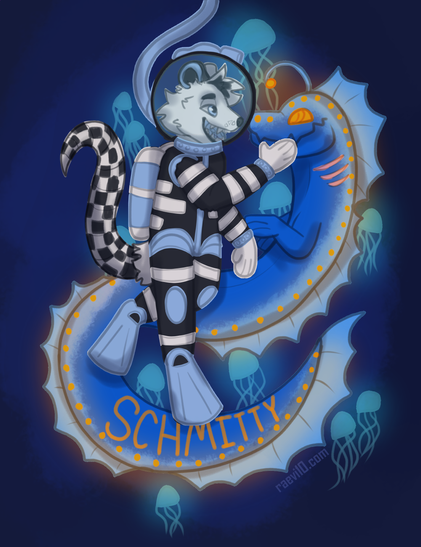 an anthro black and white possum with a checkered tail and blue accents in a black white and blue dive suit petting the cheek of a blue sea dragon with an orange glow, on the tail the name shmitty is written