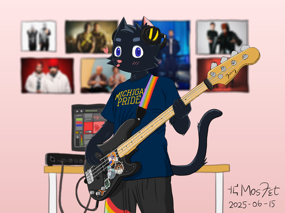 Mosfet (black cat fursona) playing bass ("Furry" in Fender font on headstock) with a rainbow strap and furry stickers on the pickguard. He's wearing a "Michigan Pride" shirt, index finger resting on the E string. He has headphones on, with yellow tape on muffs. The bass is plugged into an interface and a computer running Ardour. The wall features twenty one pilots posters in various eras.