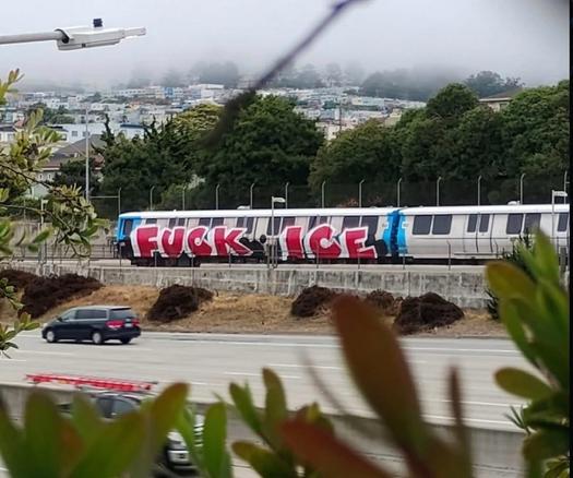 A public train in san Francisco one carriage front to back painted in huge letters ‘FUCK ICE “ red letters with white border against a blue whole train canvas.
Magnificent art.