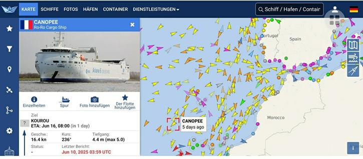 Position map for Ariane6 parts delivery with cargo ship Canopee on the atlantic near Moroco among 100s of ships. Yellow triangle is squared in red line with a position 5 days ago. On left table a foto of this ship is described with target harbour Kourou, central space launch station. Arrival tomorrow 16.6 and depart from France Port-Nouvelle