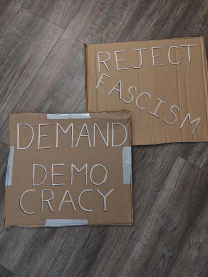 Two simple cardboard signs with black and white lettering. One sign reads "DEMAND DEMOCRACY" and the other "REJECT FASCISM" in all capital letters