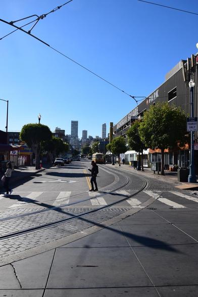 Street view depicting curved tram tracks and pedestrian crossing on a sunny day. A man crossing the street, people walking on the sidewalks, parked vehicles, and a tram in the distance are visible. The background shows a city skyline with high-rise buildings. Prominent signs and overhead wires are also featured. The scene conveys an urban environment, likely in a downtown area.