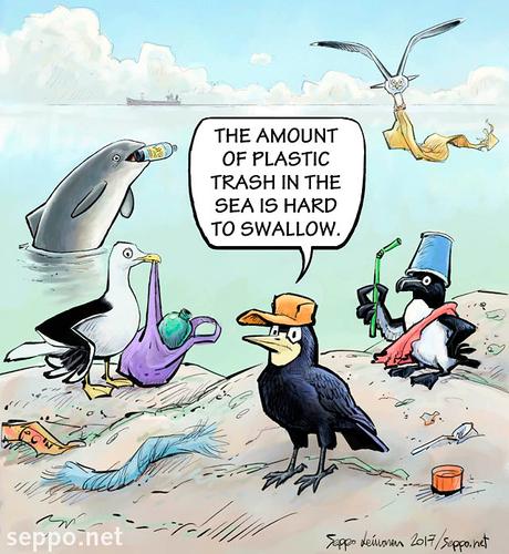 Animals by the sea or the ocean oppose plastic waste. One says: "The amount of plastic trash in the sea is hard to swallow."