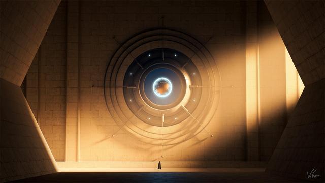 A figure stands before a massive, circular structure with a glowing orb resembling a planet at its center, bathed in light.