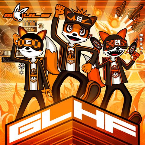 The cover artwork I made for my album GLHF.  It shows three anthropomorphic cartoon foxes standing and wearing open dark grey vests fringed with orange, showing white t-shirts underneath with the GLHF hexagonal fox face logo, and black pants.

They stand on a giant block with "GLHF" in block font written across it.  From left-to-right – Strattzr, OpDaMyZr, and PWNZR (pronounced "pone-zur") respectively – they all wear different-patterned headsets with the numbers 15, 6, and 24 on them respectively. Strattzr thinks deeply while adjusts his headset standing in front of data graphs. OpDaMyZr jumps happily punching the air with his right fist. PWNZR excitedly brandishes two ray guns in front of explosions, fireballs, and warplanes. 

Behind them all is an orange background showing computer circuitry with rays of light coming from the middle and a row of fire below that.