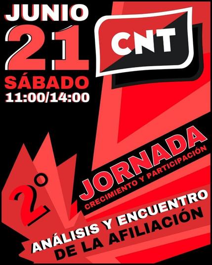JUNIO 21, SABADO 11:00/14:00

JORNADA
CRECIMIENTO Y PARTICIPACIÓN

ANÁLISIS Y ENCUENTRO DE LA AFILIACIÓN

CNT VALLADOLID
