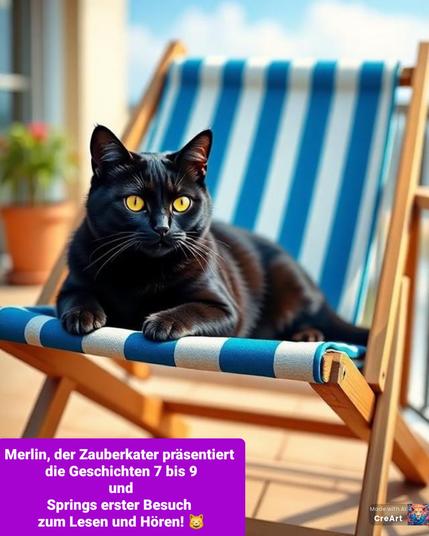 KI Bild. Schwarze Katze mit gelben Augen liegt auf einem blauweiß gestreiften Liegestuhl auf einem Balkon. Links unten steht in weißer Schrift auf lila Grund: Merlin, der Zauberkater präsentiert 
die Geschichten 7 bis 9
und
Springs erster Besuch 
zum Lesen und Hören! 😸
