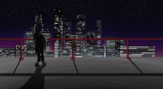 Art piece of a furry sabertooth girl looking over the city scape and lights