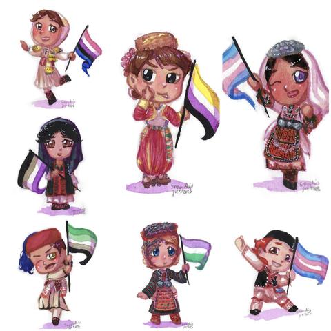 Seven different chibi characters in Macedonian folk clothes and carrying trans, non-binary, gender queer, genderfluid, ace and aro flags. Each individually described in the following pictures.