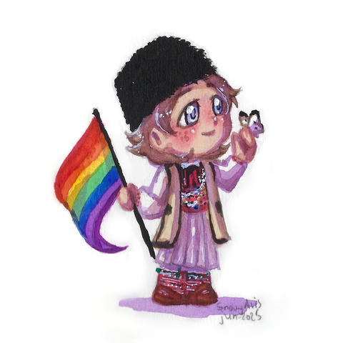 Watercolor drawing of a chibi character wearing folk clothing from Skopska Crna Gora and carrying the rainbow flag. He has light skin, blue eyes and medium length blond hair. His clothes consist of a white tunic, white pants, long socks, a red vest with black embroidery, and a long sleeveless jacket over it. He also has a black furhat. He is holding the flag in one hand and a butterfly in the other while lightly smiling.
The signature in the lower right corner says "Snowy Avis, Jun. 2025"