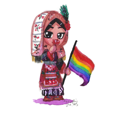 Watercolor drawing of a chibi character wearing folk clothing from Skopska Blatija and carrying the rainbow flag. She has light skin black eyes and black hair. Her clothes consist of a black dress with shite embroidery and wide sleeves with red edges, a red woven apron, and a nice headscarf with some floral patterns. She also has a peacock feather attached to her head covering and a flower. She's holding the flag in one hand and a red rose in the other, holding the flower close to her face and covering her nose and mouth.
The signature in the lower right corner says "Snowy Avis, Jun. 2025"