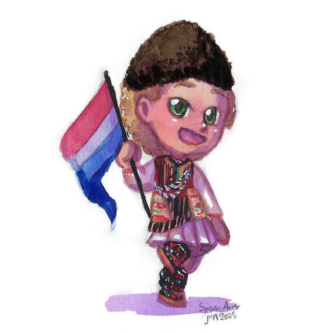 Watercolor drawing of a chibi character wearing folk clothing from Veles region and carrying the bisexual flag. He has light skin, olive green eyes and curly blind hair. His clothes consist of a white tunic and pants, embroidered socks, a red vest with black vertical lines, a scarf with black and yellow lines tied around his hips, and a brown furhat. He lookis like he is walking or dancing and has a wide smile.
The signature in the lower right corner says "Snowy Avis, Jun. 2025"