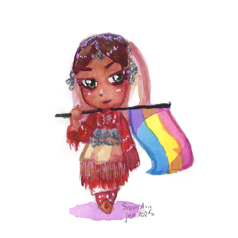 Watercolor drawing of a chibi character wearing folk clothing of Mijak ethnic group from the Reka region and carrying the pansexual flag.  She has tan skin, brown hair and dark green eyes. She has a white dress mostly covered by a red overcoat with geometric patterns, a red apron with a similar design and another white-satin scarf around her waist. She also has a white headscarf and silver jewellery on her head. She has a smile but looks powerful and serious, and is holding the flag over her shoulders.
The signature in the lower right corner says "Snowy Avis, Jun. 2025"