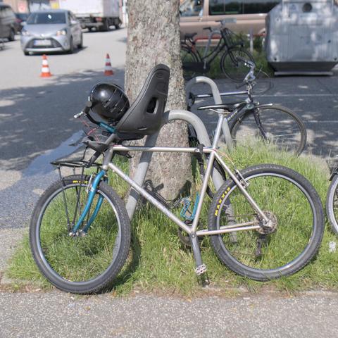 Ein Mountainbike von Marin mit Kindersitz am Oberrohr hinterm Lenker lehnt an einem Baum am Rande des Wochnemarkts