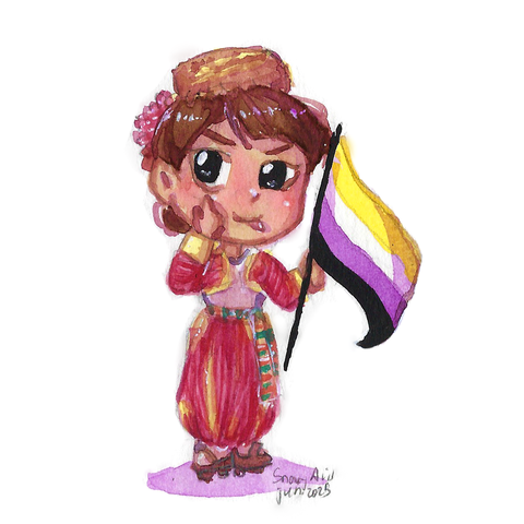 Watercolor drawing of a chibi character wearing folk clothing of Albanians from the city of Tetovo and carrying the non-binary flag. They have light skin, black eyes and brown hair. Their clothes consist of a white shirt and a pink and gold jacket over it, and wide dimiy pants in the same shades of pink and gold. They have white socks and sandals and a cylindrical hat, also gold and pink. Their hair is tied in the cak in a bun. They have an upright stance, but have a mocking expression with their tongue sticking out and pulling down the eyelid on on roof their eyes downward with their hand.
The signature in the lower right corner says "Snowy Avis, Jun. 2025"