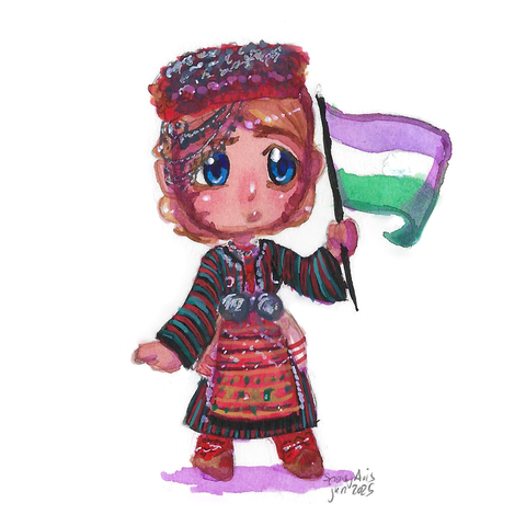 Watercolor drawing of a chibi character wearing folk clothing from Gevgelija region and carrying the genderqueer flag. They have light skin, blue eyes and blind hair.
Their clothes consist of a striped dress in green, red and black colours, woven red apron with geometric patterns, a belt with metal decorations, and a cylindrical hat with metal and red decorations and tied under their chin. Their hair is tied in a bun on the back. They are holding the flag in one hand and looking a bit confused.
The signature in the lower right corner says "Snowy Avis, Jun. 2025"