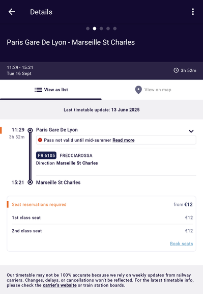 A screenshot of the Interrail app showing that the Frecciarossa train from Paris to Marseille will be included in the pass from "mid-summer"