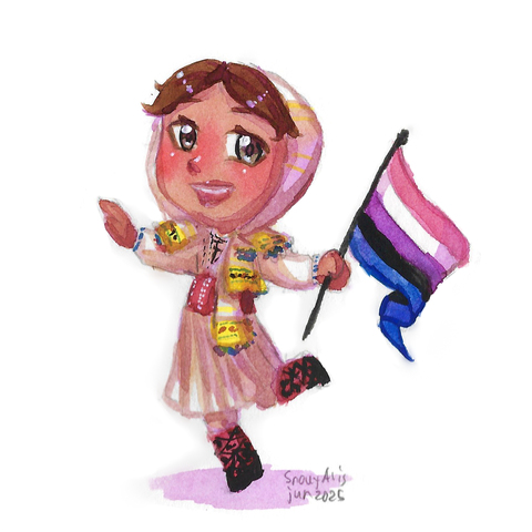 Watercolor drawing of a chibi character wearing folk clothing from Kumanovo region and carrying the genderfluid flag. They have light skin, light brown eyes and brown hair. They have a white tunic, wide red belt, black and red socks, and a headscarf with golden edges and embroidery. They look like they are running, their arms are spread out away from them and are holding the genderfluid flag in one of the hands, and they are happily smiling.
The signature in the lower right corner says "Snowy Avis, Jun. 2025"