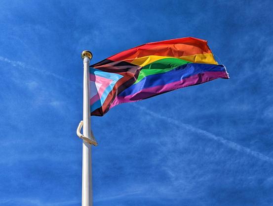 A vibrant Progress Pride flag, featuring the classic rainbow alongside black, brown, light blue, pink, and white stripes, billows against a clear blue sky with faint contrails. The flag is attached to a white flagpole, which is visible on the left side of the image.