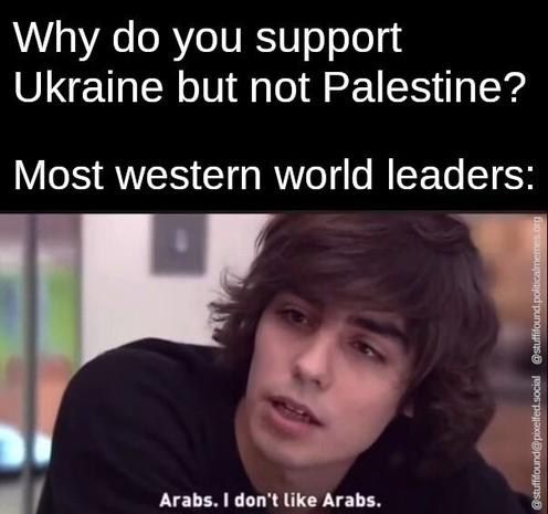 Why do you support Ukraine but not Palestine?
Most western world leaders: "Arabs. I don't like Arabs."