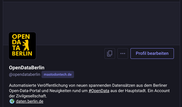 Zu sehen ist die Profilseite von OpenDataBerlin (@opendataberlin@mastodontech.de) auf mastodontech.de. Der Account veröffentlicht automatisiert neue, spannende Datensätze aus dem Berliner Open-Data-Portal sowie Neuigkeiten rund um #OpenData aus der Hauptstadt.
