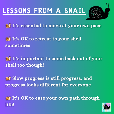 A purple through blue to green gradient background with white writing that says:

LESSONS FROM A SNAIL

It's essential to move at your own pace

It's OK to retreat to your shell sometimes

It's important to come back out of your shell too though!

Slow progress is still progress, and progress looks different for everyone

It's OK to ease your own path through life! 

Each statement has a snail emoji at the start and the top right corner has a snail silhouette with stars and a swirl on the shell.